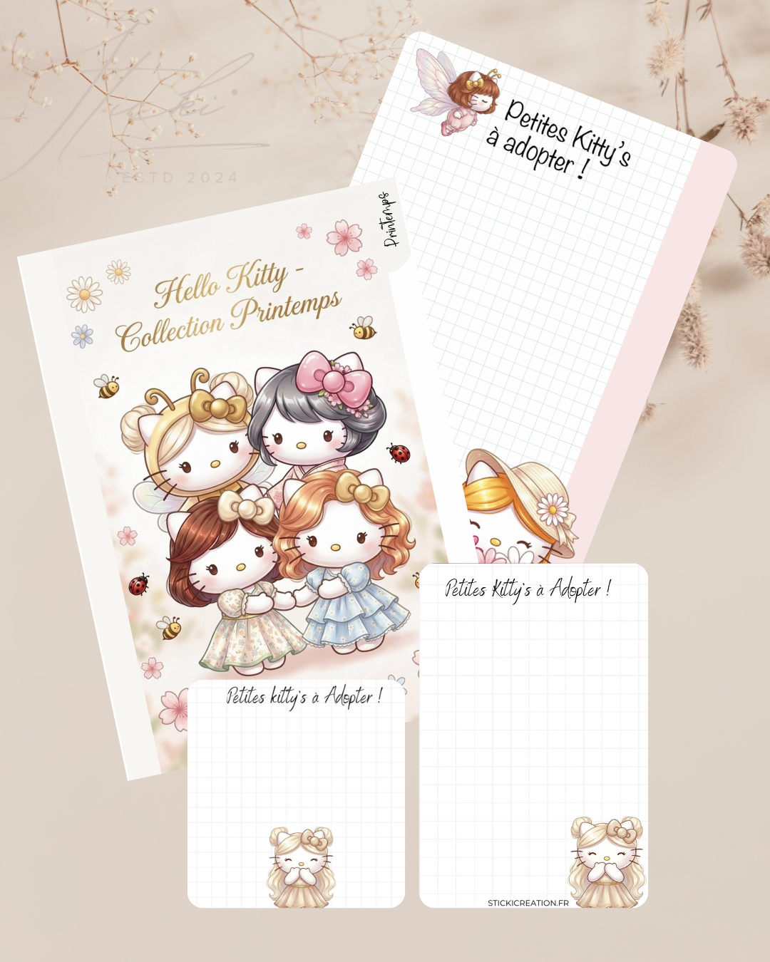 Intercalaire KITTY Printemps + Fond de classeur, boîte et carnet